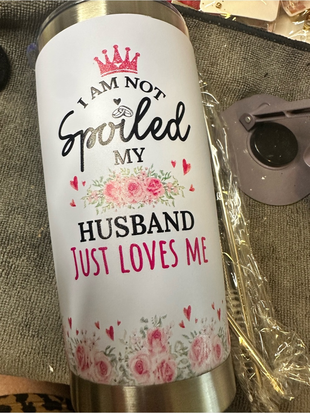 White and Pink Floral Travel Tumbler - Romantic Message